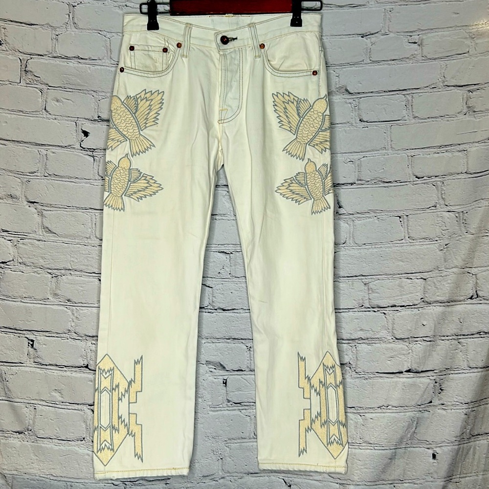 Bliss And Mischief x NSF Embroidered Cream & Gray Button Fly Jeans Size 26